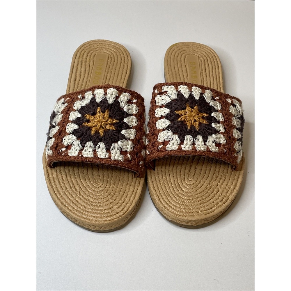 Bamboo Size 6 Brown Crochet Slide Sandals Boho Granny Square Slip On